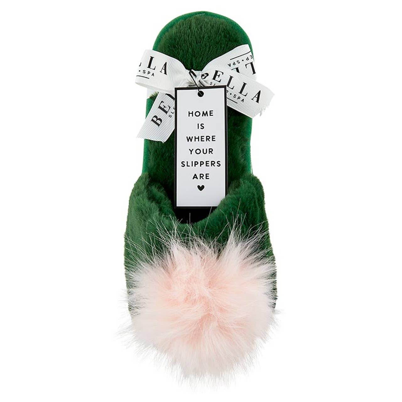 Plush Slippers - Green with Blush Pom Pom