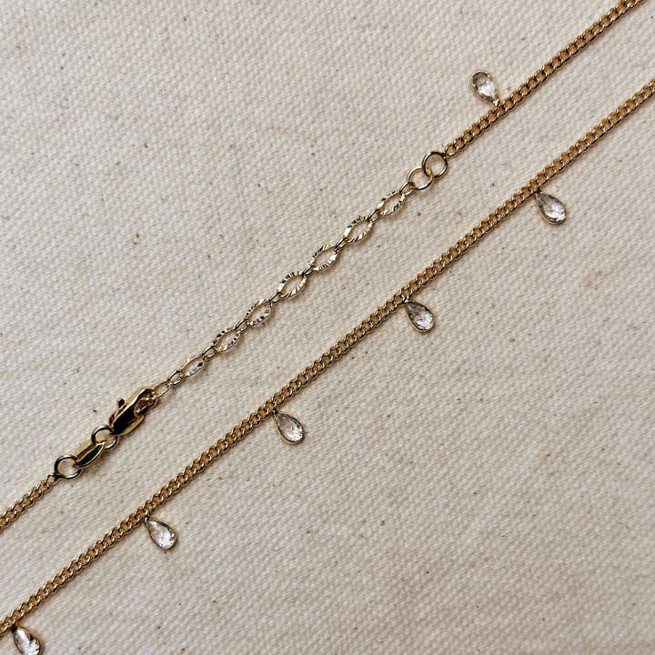 18k Gold Filled 2mm Curb Chain with Bezel Cz Drops Necklace