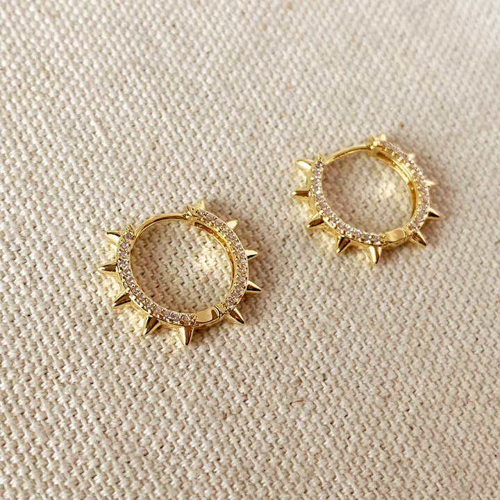18k Gold Filled Spike Hoop Earrings with Cubic Zirconia Detail