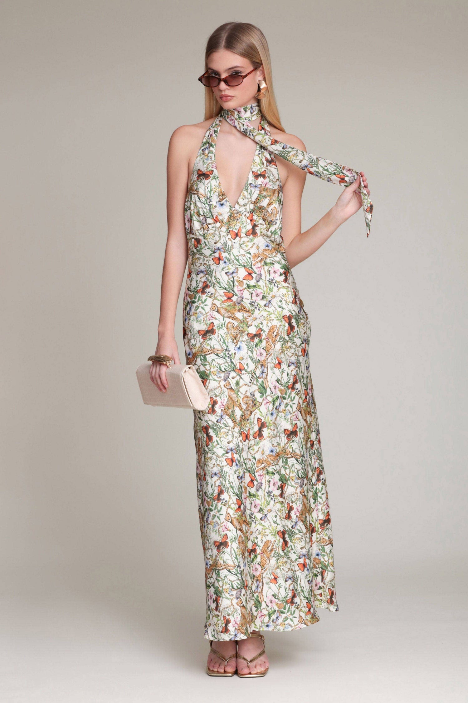 Botanical Satin Scarf Tie Maxi Dress