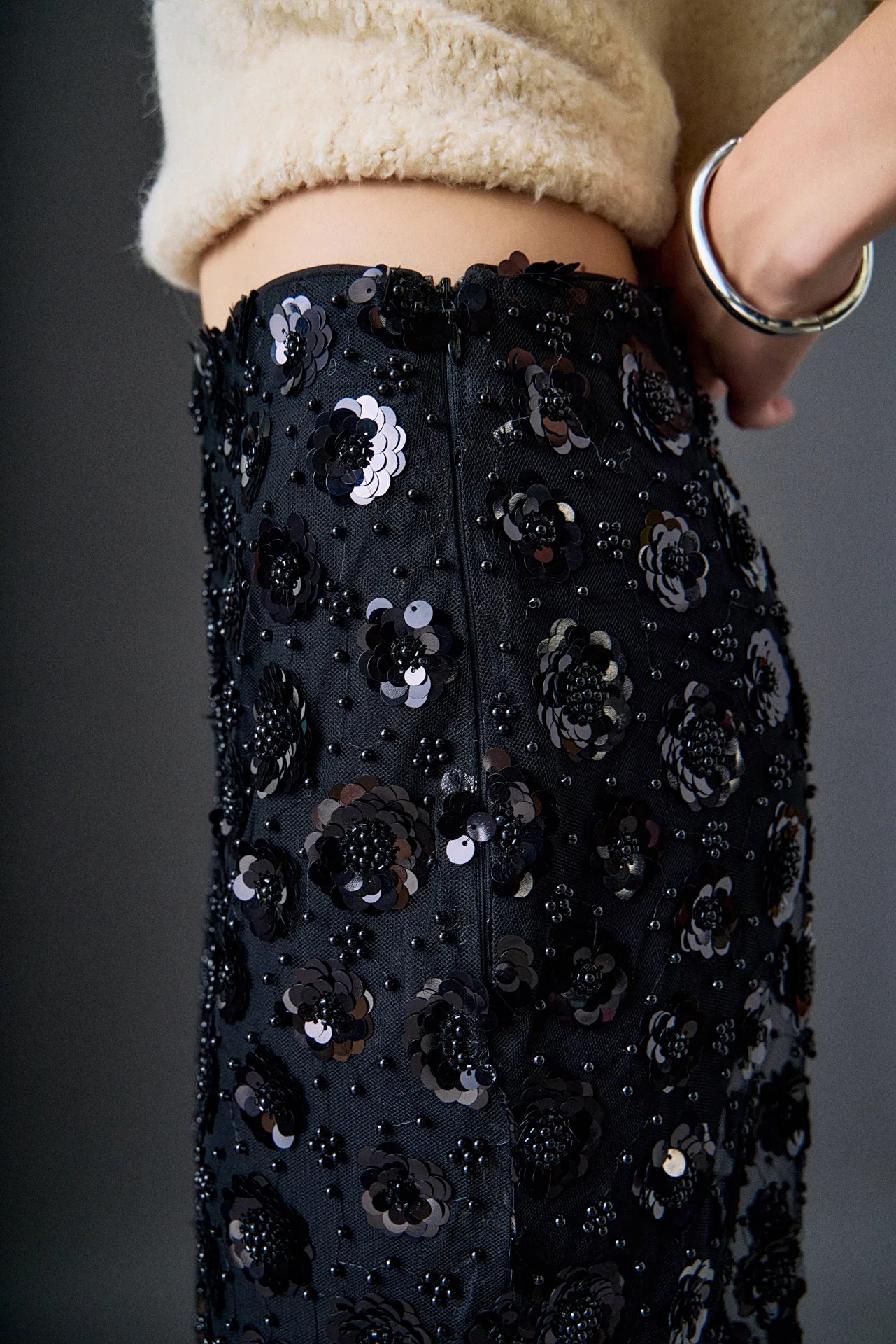 Flower Sequin Sheer Midi Skirt