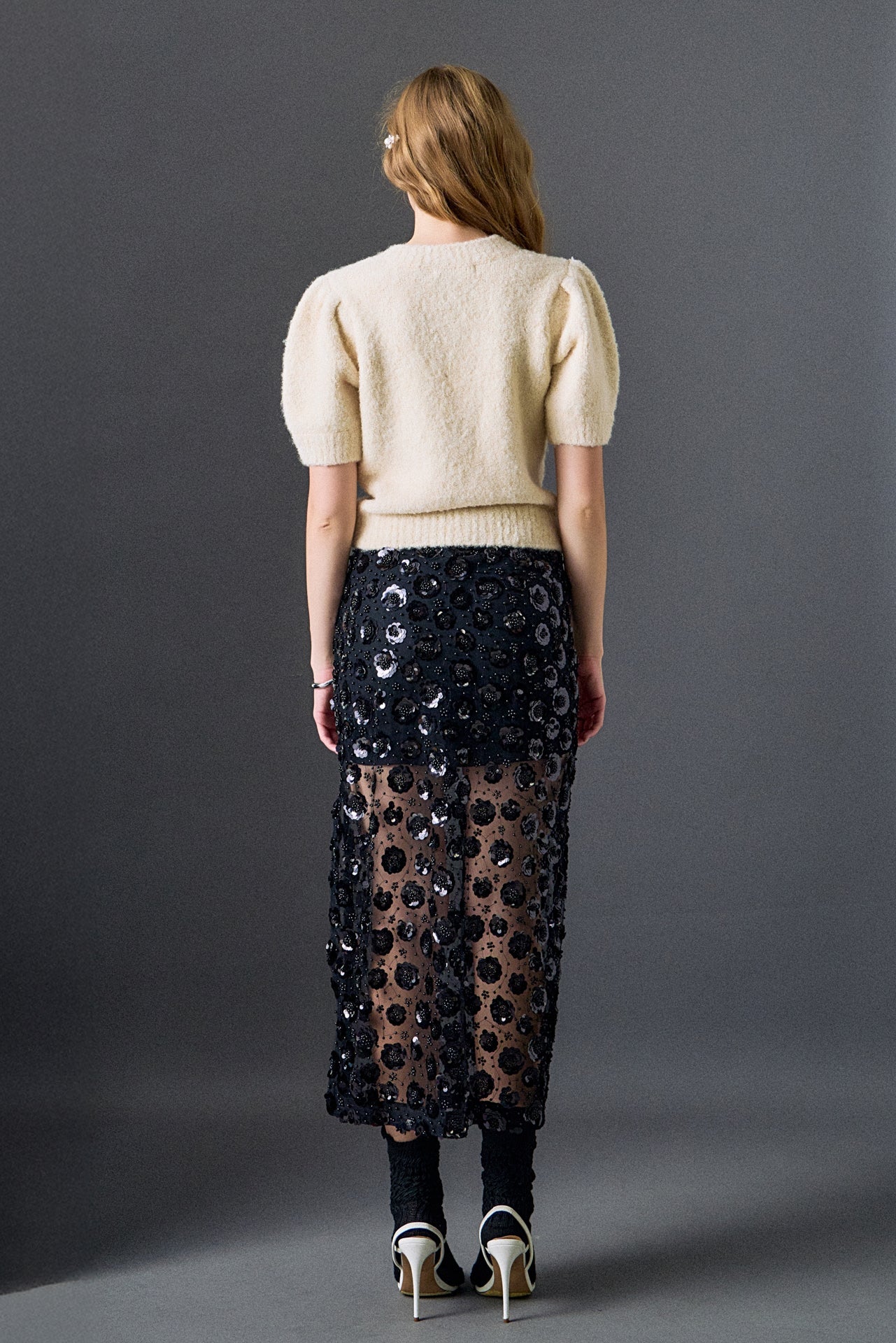 Flower Sequin Sheer Midi Skirt
