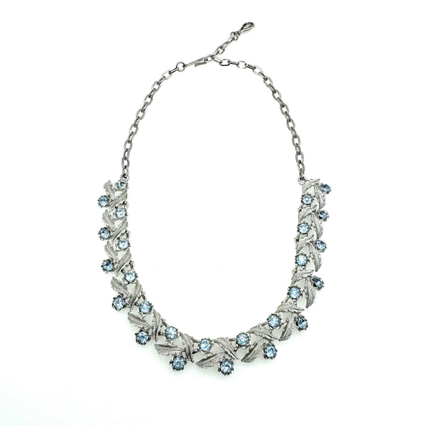Vintage Coro Baby Blue Rhinestone and Silver Leaves Garland Necklace