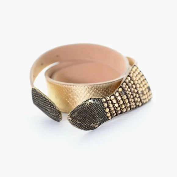 Vintage Champagne Metallic Genuine Leather Snake Belt M