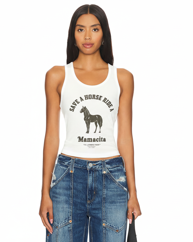 Model wearing horse graphic tank top