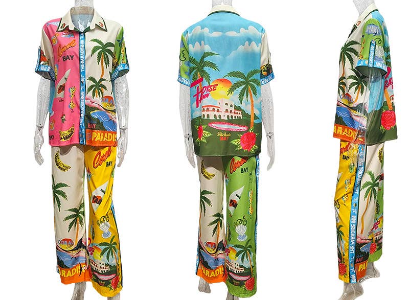 Abstract Print Shirt Pocket Wide-Leg Pants Set