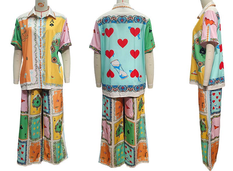 Abstract Print Shirt Pocket Wide-Leg Pants Set