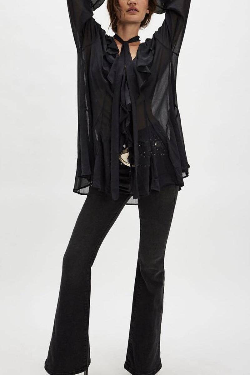 Ruffle Trim Sheer Blouse