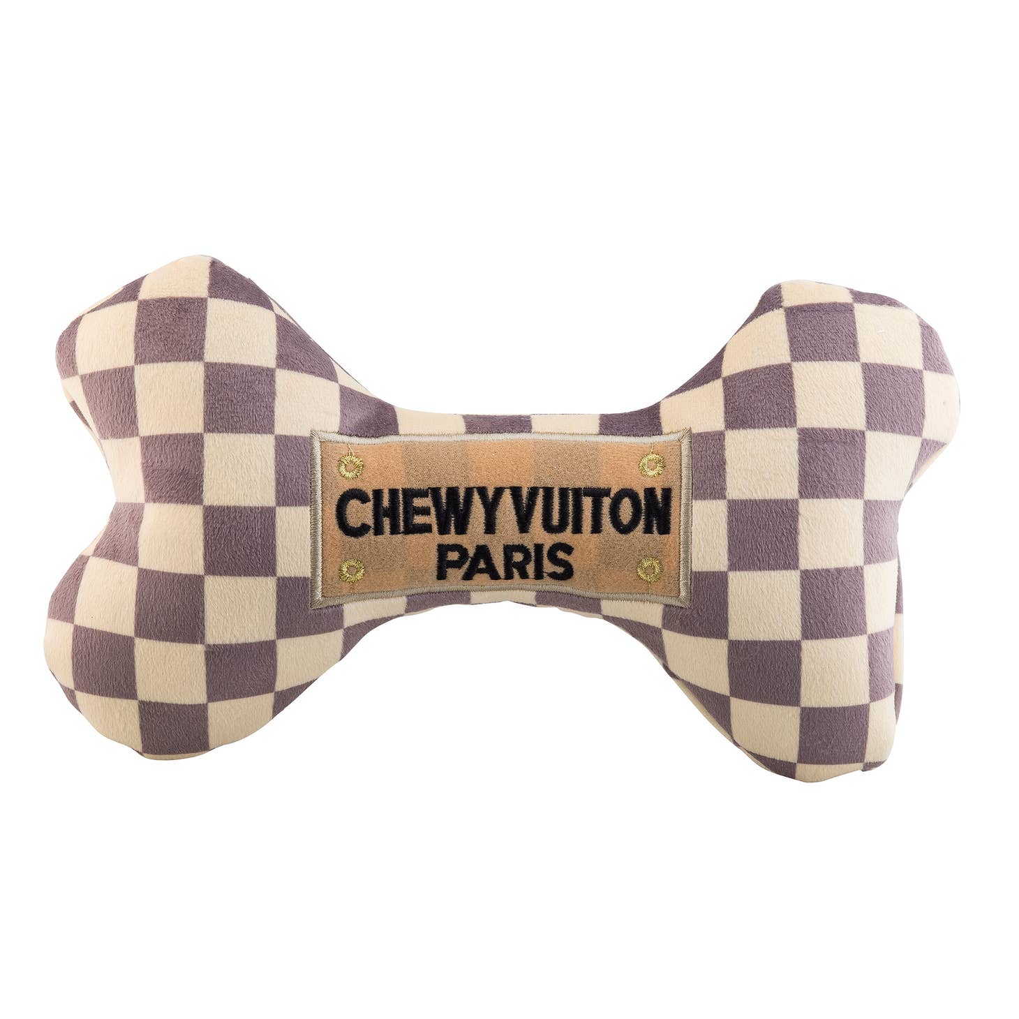 Checker Chewy Vuiton Bone Squeaker Dog Toy