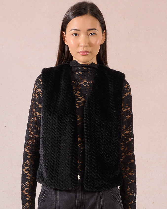 LADIES WOVEN SLEEVELESS JACKET - Black