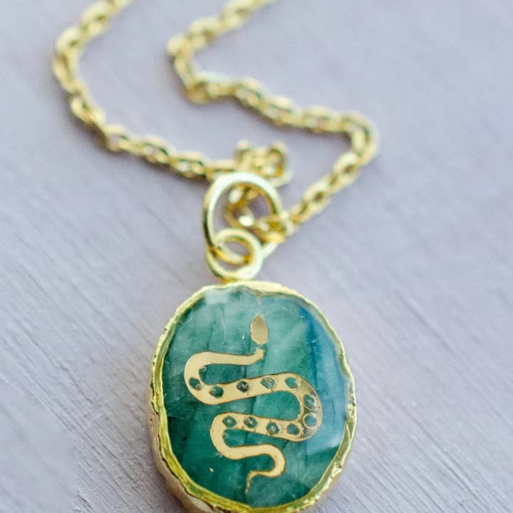 Gemstone Pendant Hand Painted Gold- Aquamarine Snake