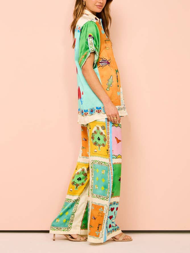 Abstract Print Shirt Pocket Wide-Leg Pants Set