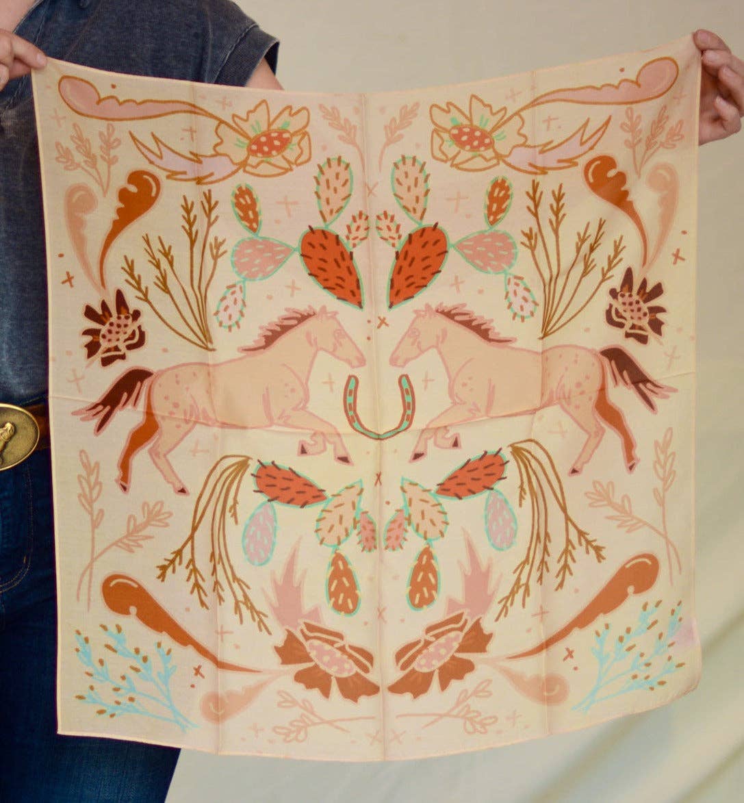Wild Horse Prairies in Peach Cowgirl Wild Rag: Western Scarf Bandana Silk Tencel Wildrag Western