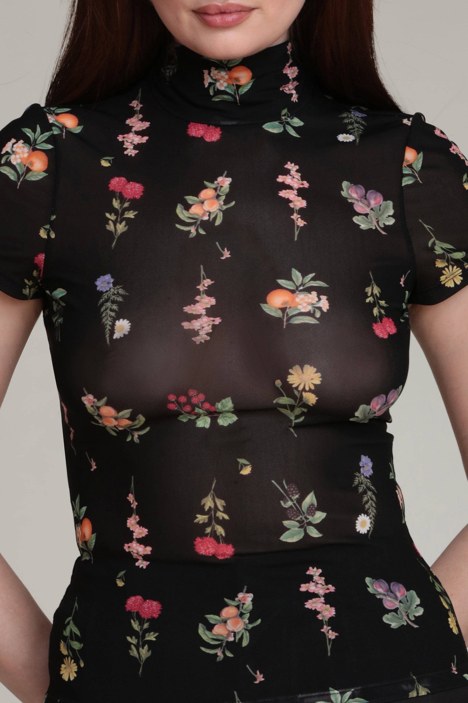 Floral Mesh Mock Neck Top (Black Botanical)