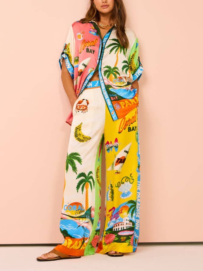 Abstract Print Shirt Pocket Wide-Leg Pants Set