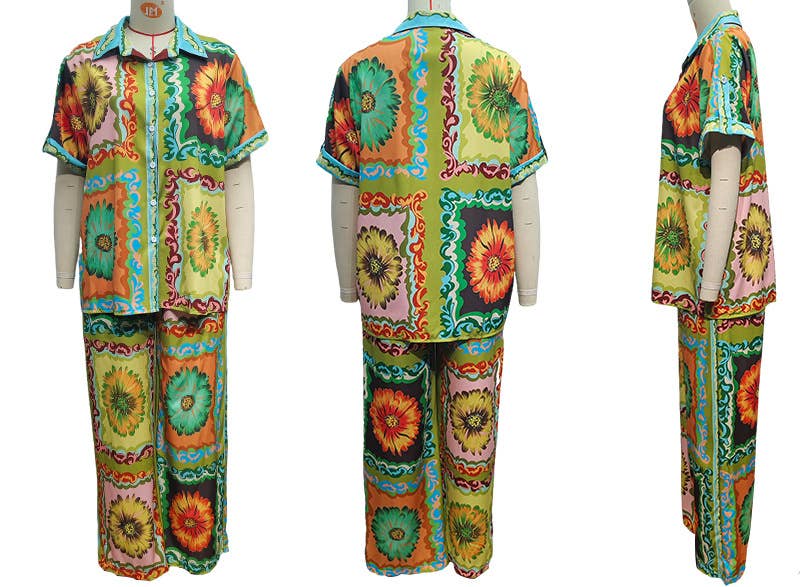 Abstract Print Shirt Pocket Wide-Leg Pants Set