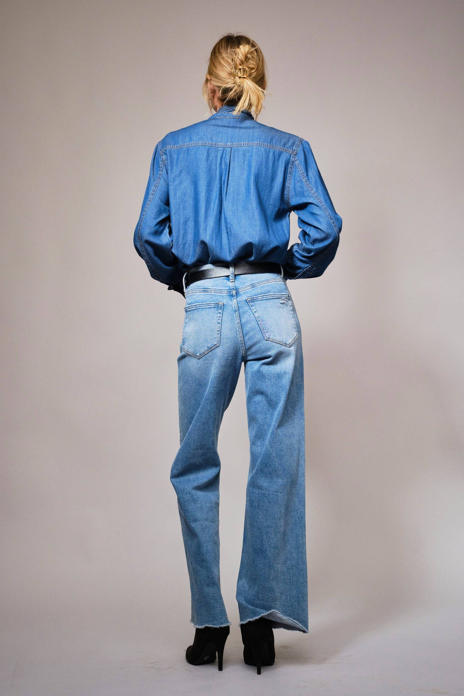 Tie Neck Hidden Button Chambray Blouse