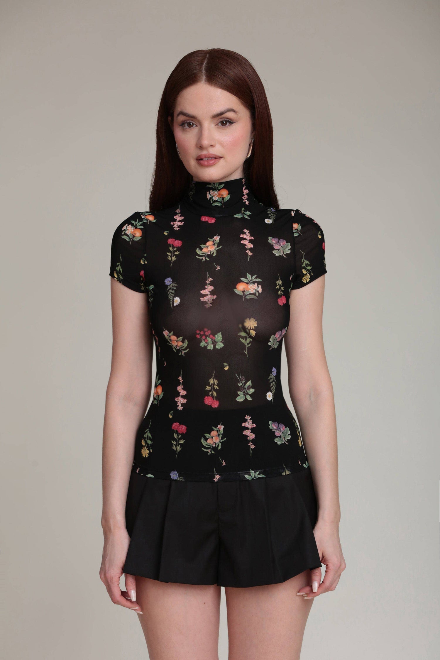 Floral Mesh Mock Neck Top (Black Botanical)