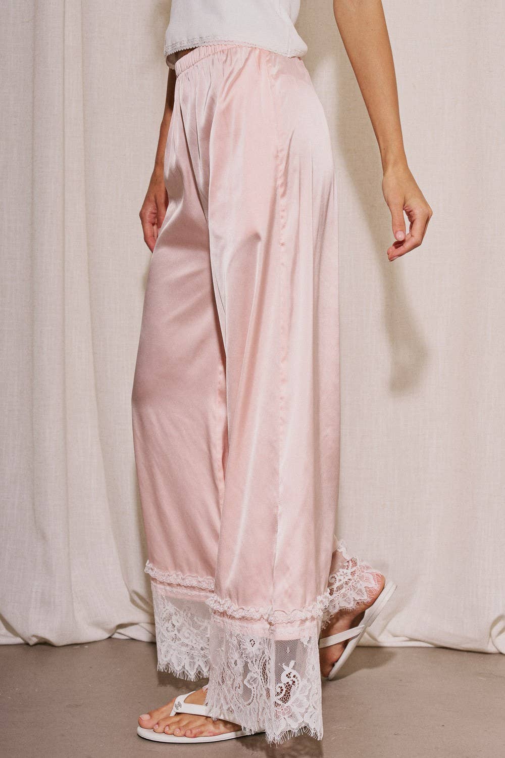 Woven Satin Lace Trim Wide Pants