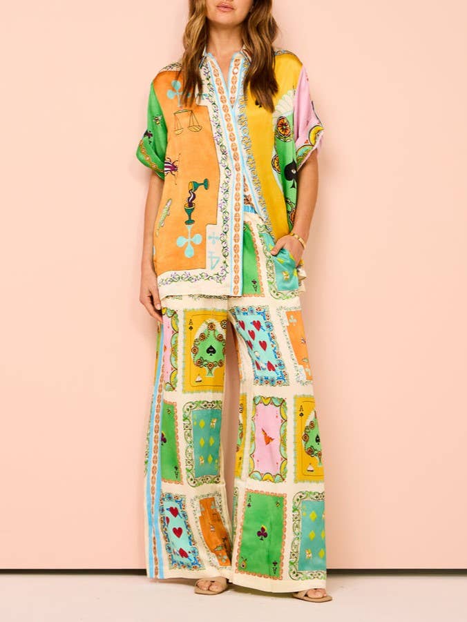 Abstract Print Shirt Pocket Wide-Leg Pants Set