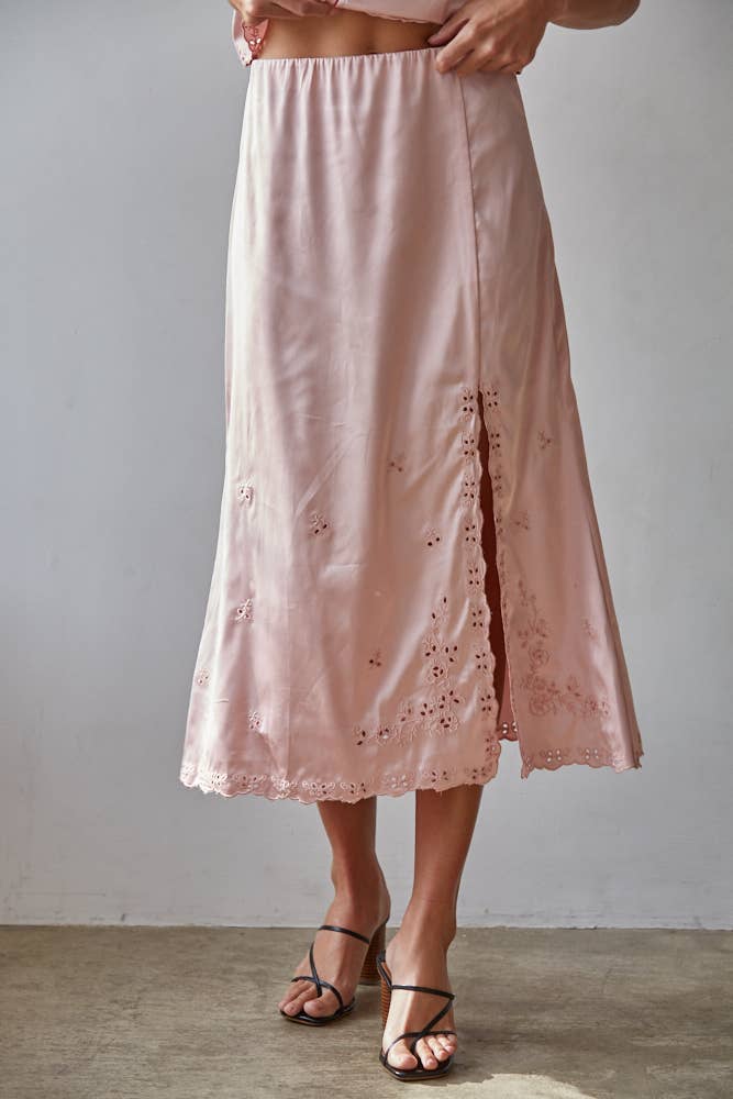 Satin Embroidered Midi Skirt