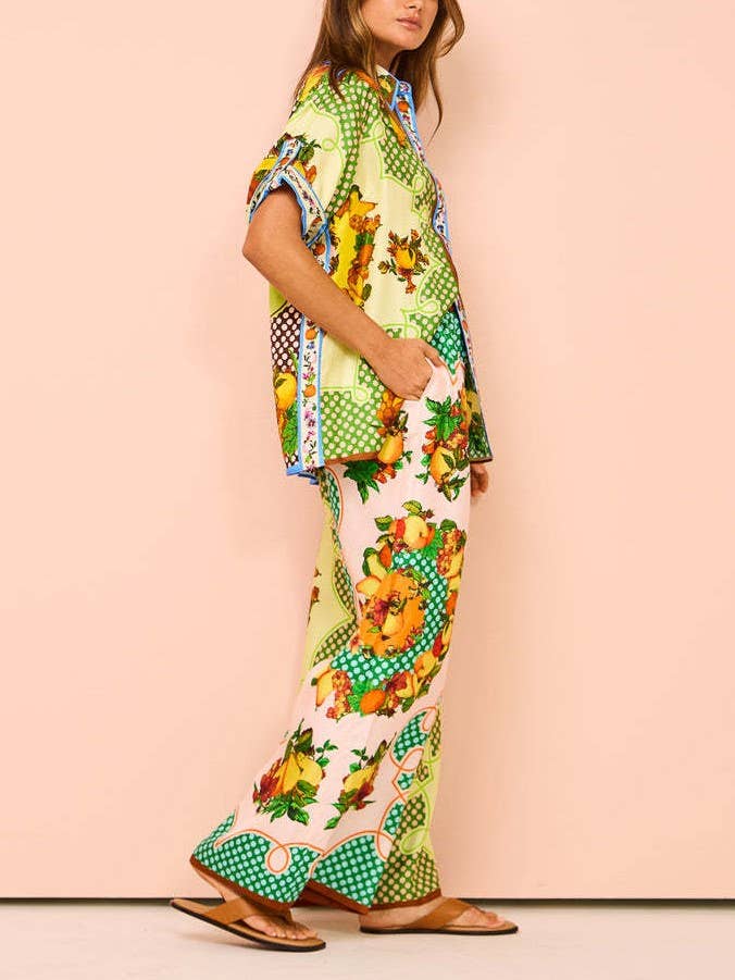 Abstract Print Shirt Pocket Wide-Leg Pants Set