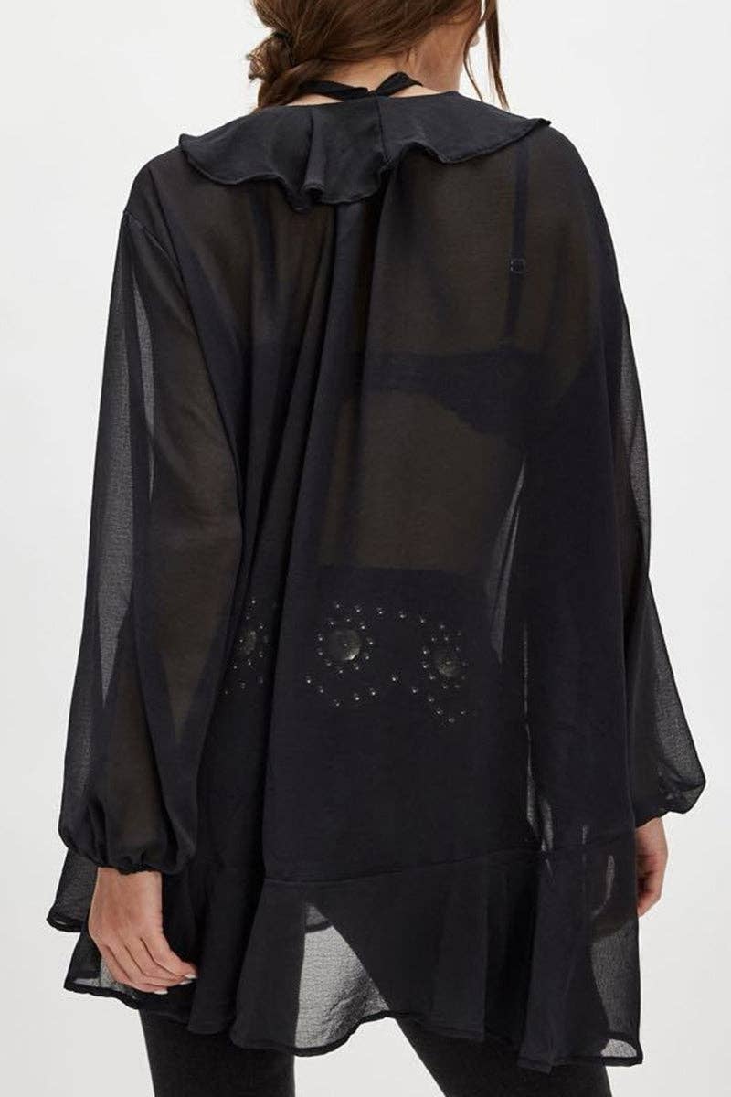 Ruffle Trim Sheer Blouse