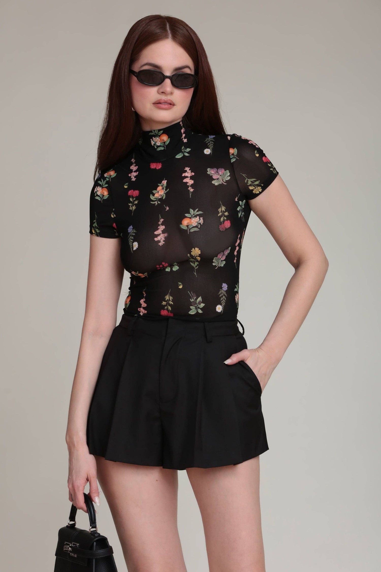 Floral Mesh Mock Neck Top (Black Botanical)