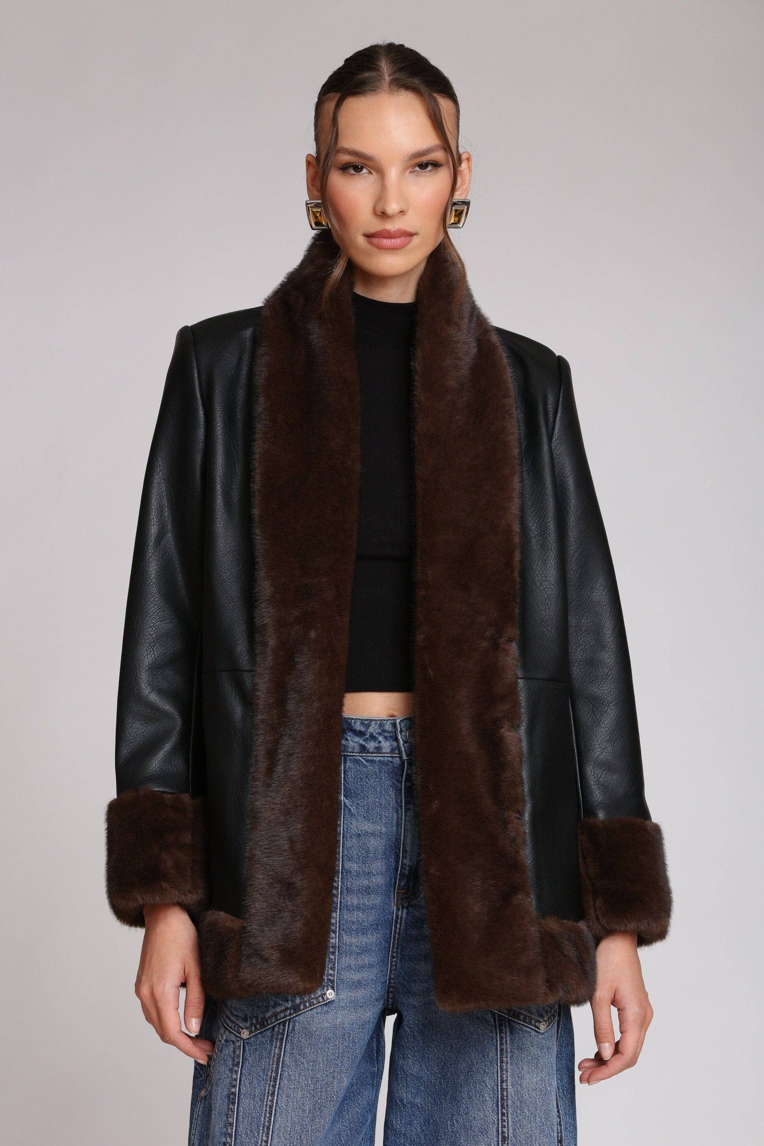 Faux Fur Trimmed Faux Leather Jacket