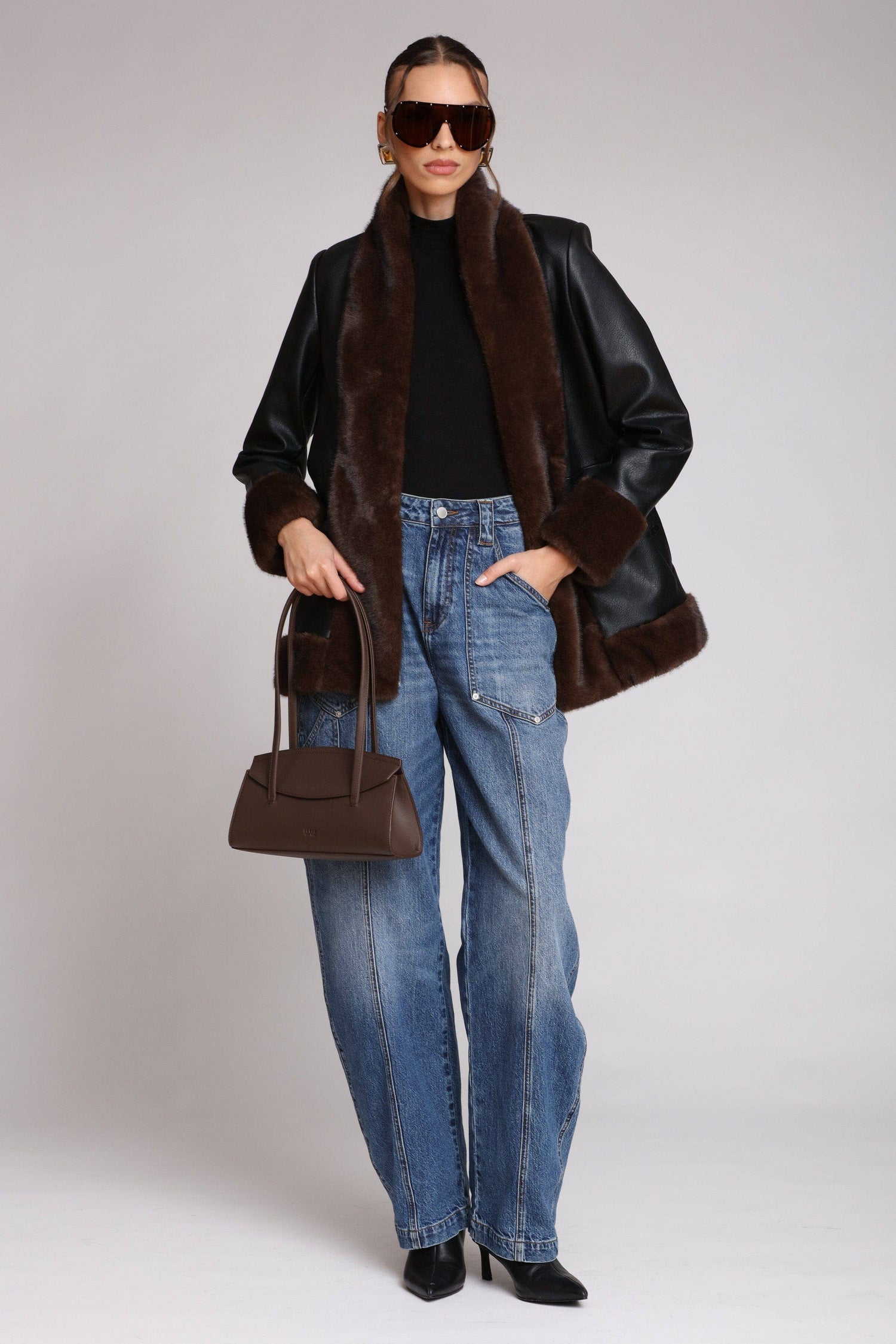 Faux Fur Trimmed Faux Leather Jacket