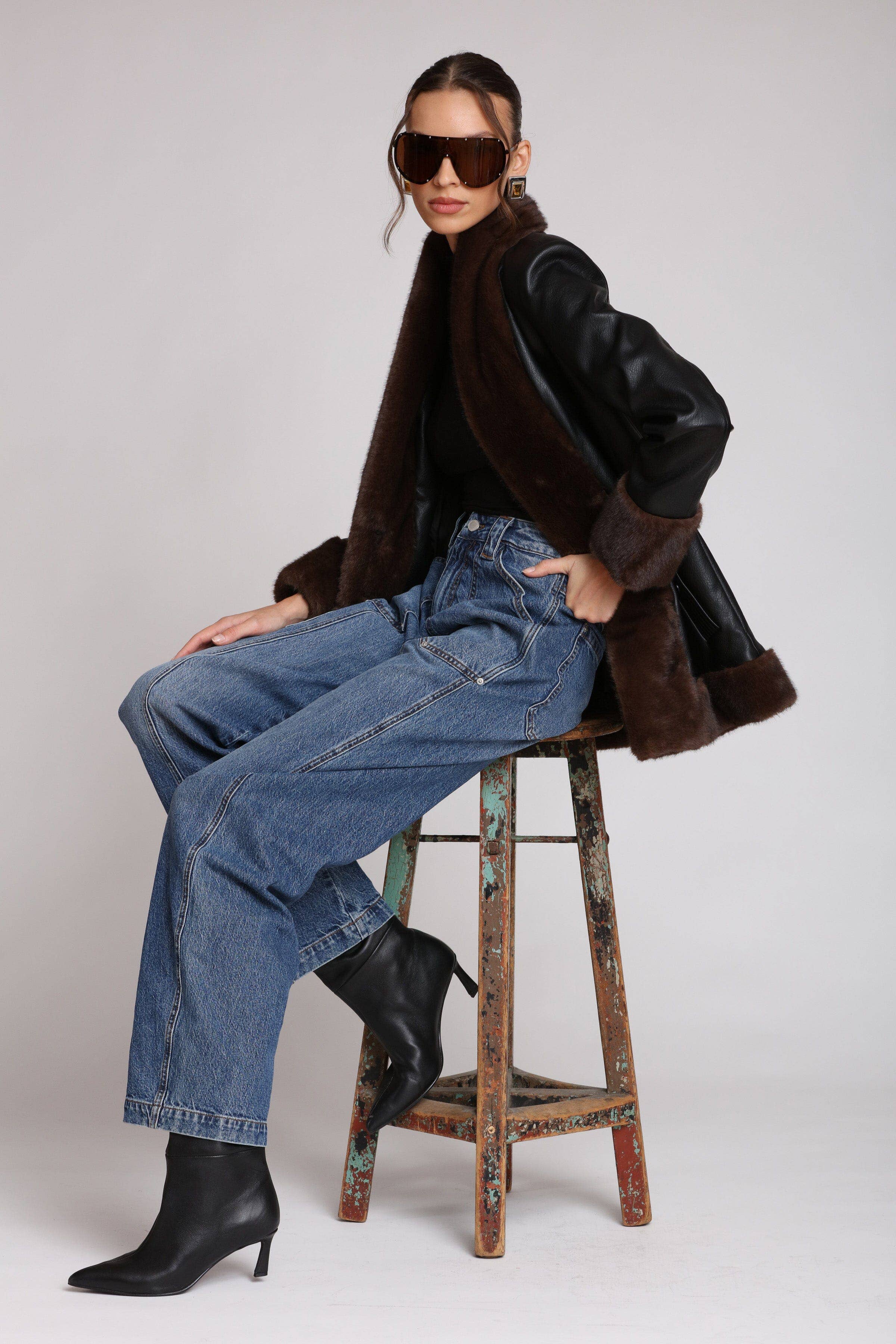 Faux Fur Trimmed Faux Leather Jacket