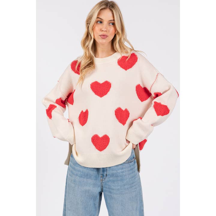 Oversized Valentine Side Slit Heart Sweater Top