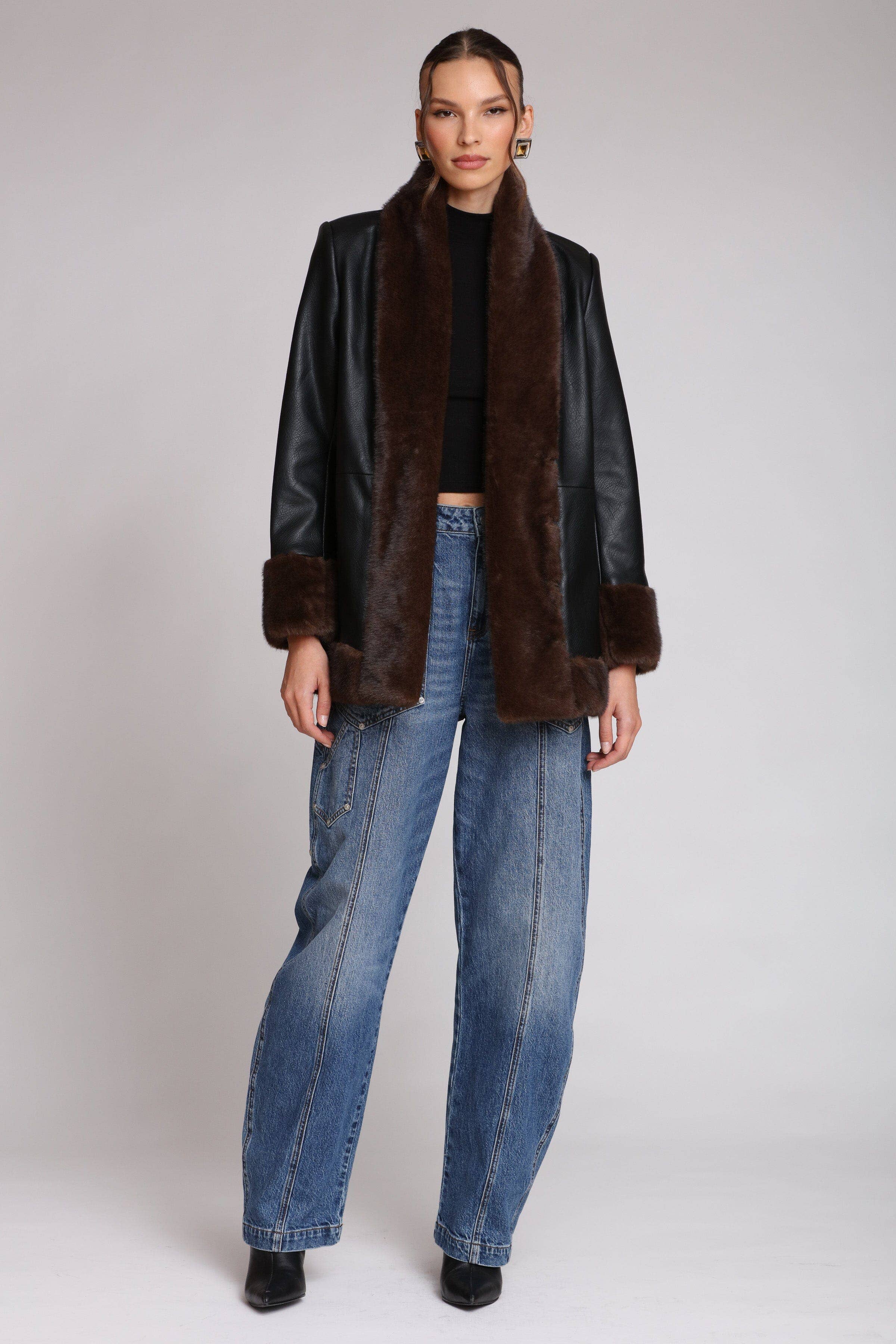 Faux Fur Trimmed Faux Leather Jacket