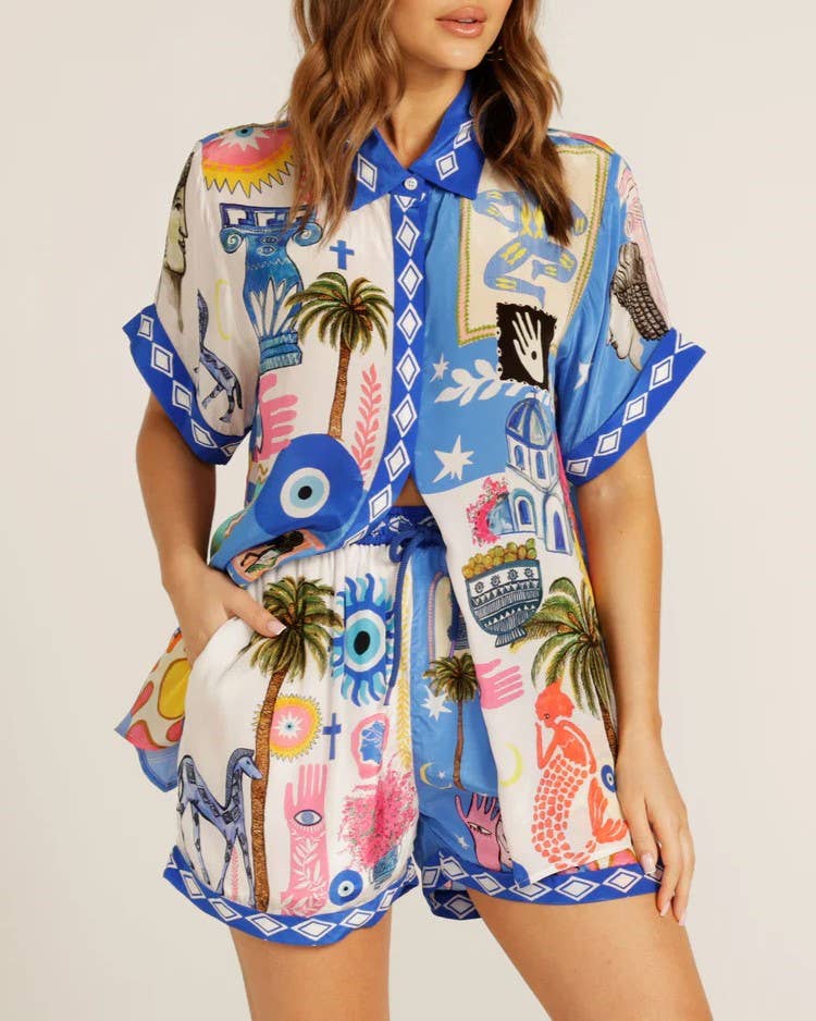 Vacation Retro Civilization Unique Print Shirt Shorts Set