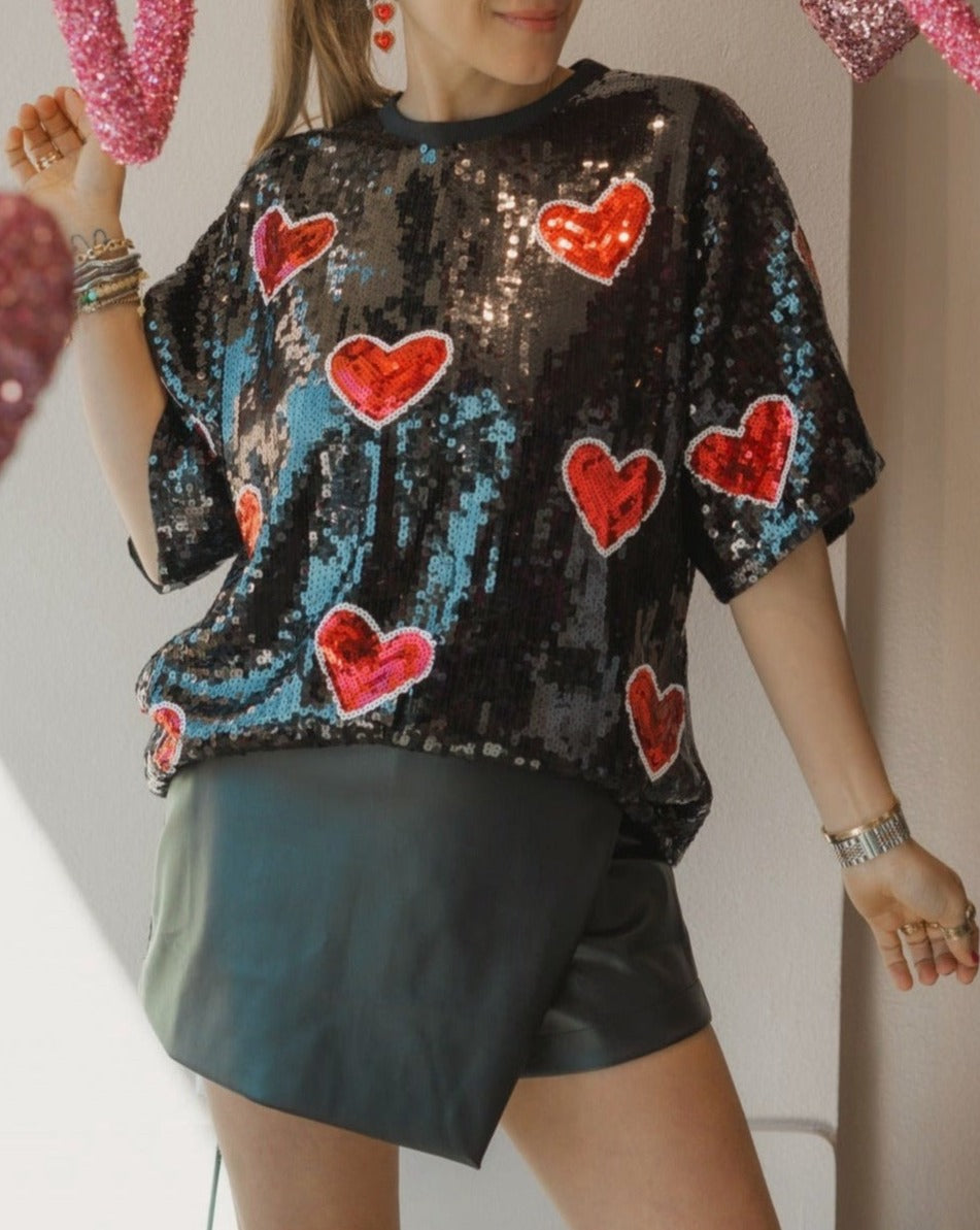 Valentines Day Heart Print Sequin Tunic Top