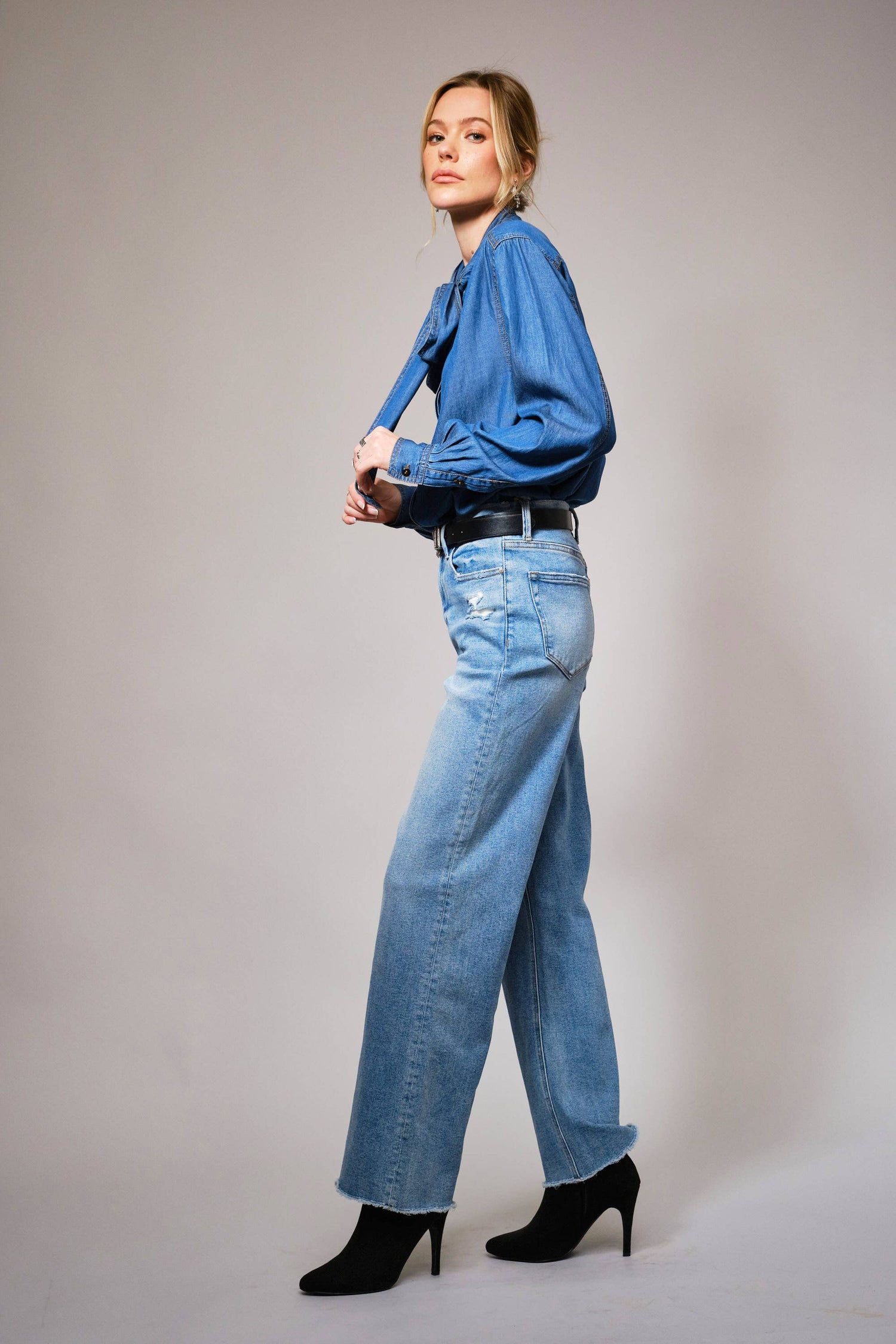 Tie Neck Hidden Button Chambray Blouse