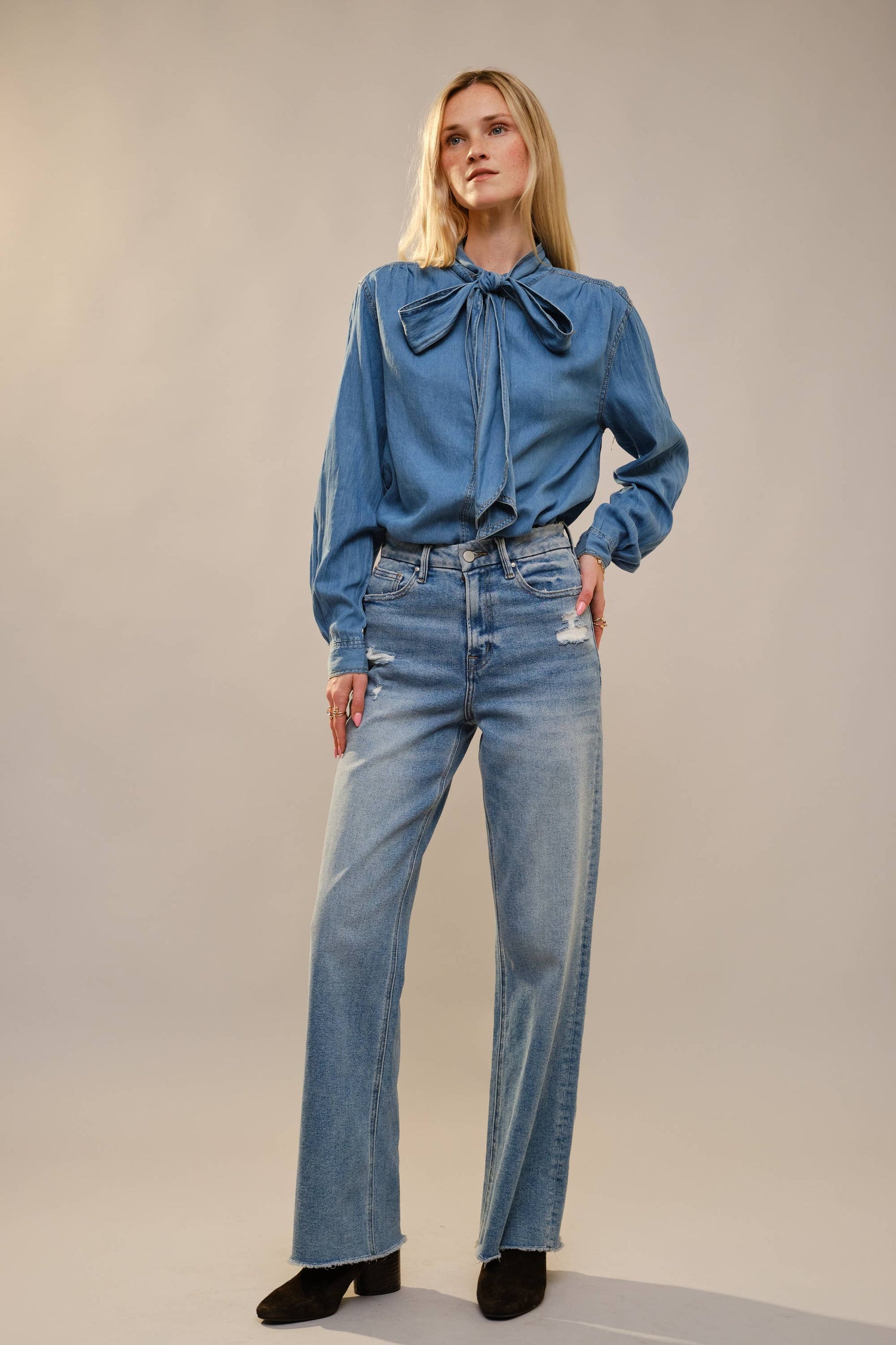 Tie Neck Hidden Button Chambray Blouse