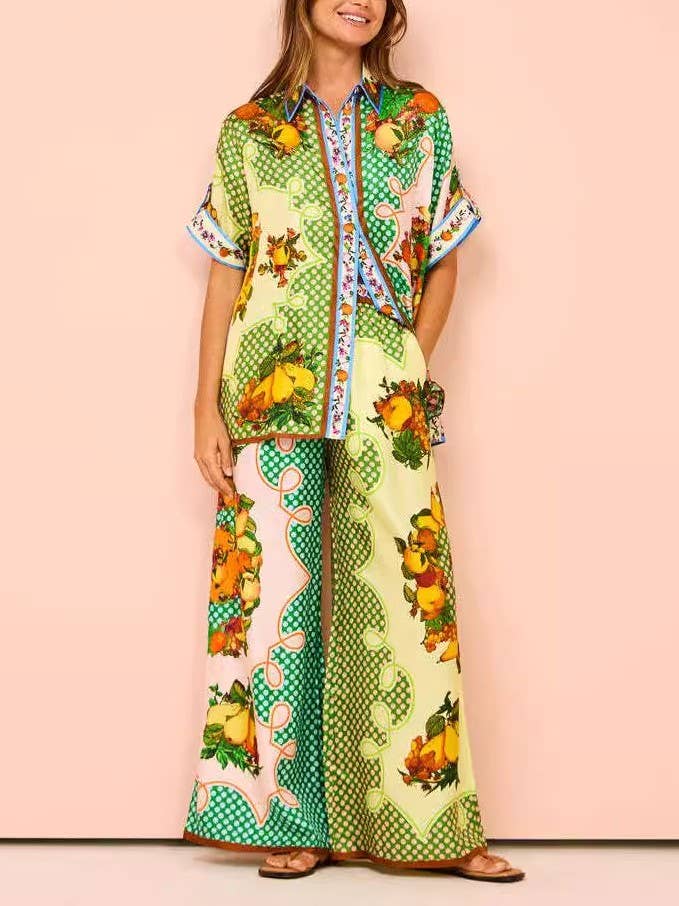 Abstract Print Shirt Pocket Wide-Leg Pants Set