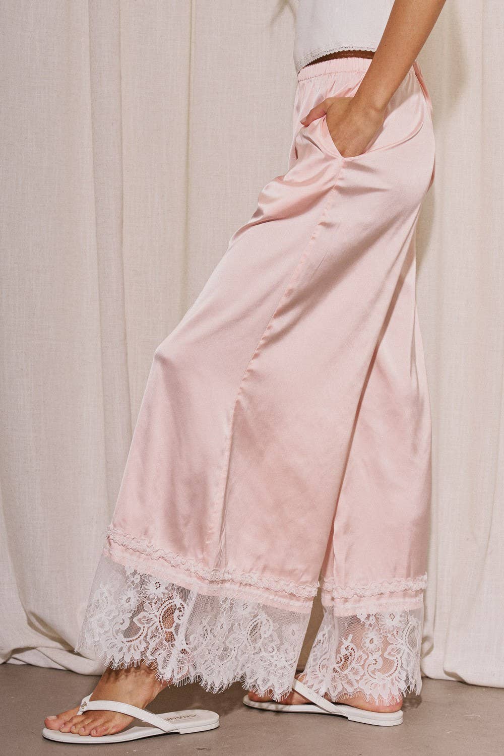 Woven Satin Lace Trim Wide Pants