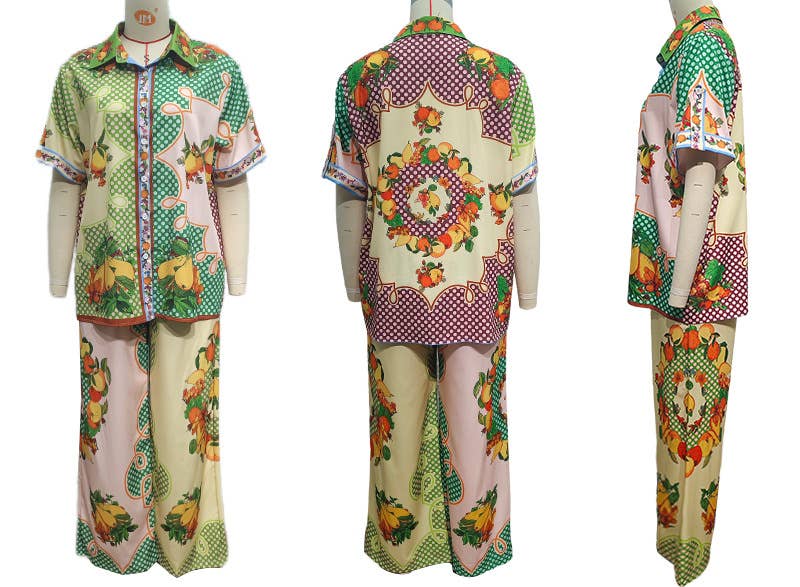 Abstract Print Shirt Pocket Wide-Leg Pants Set