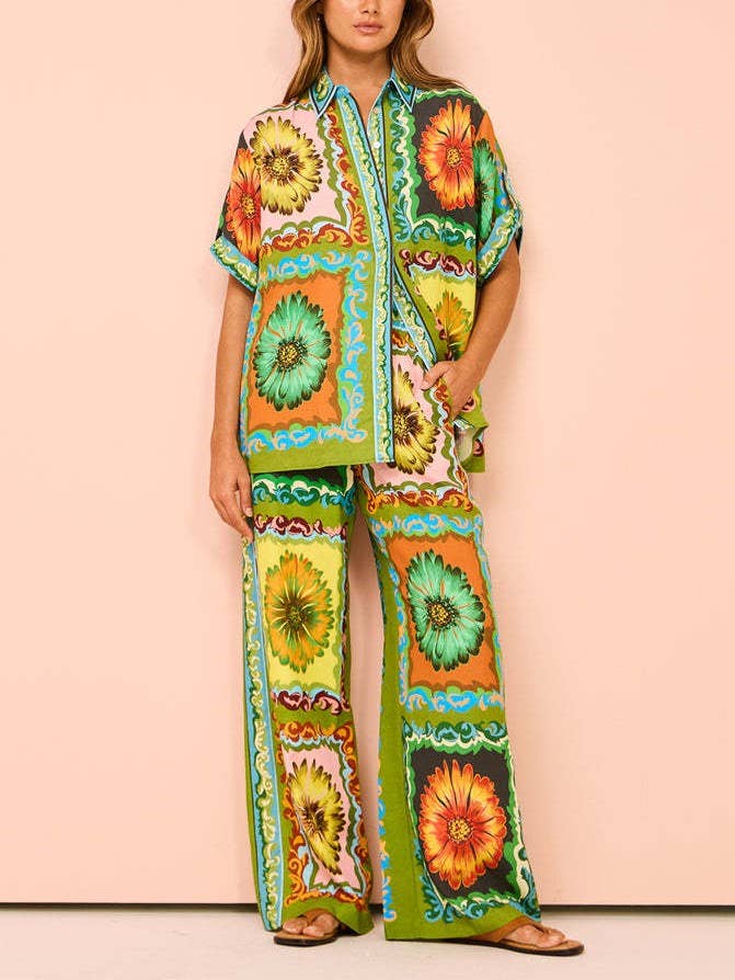 Abstract Print Shirt Pocket Wide-Leg Pants Set