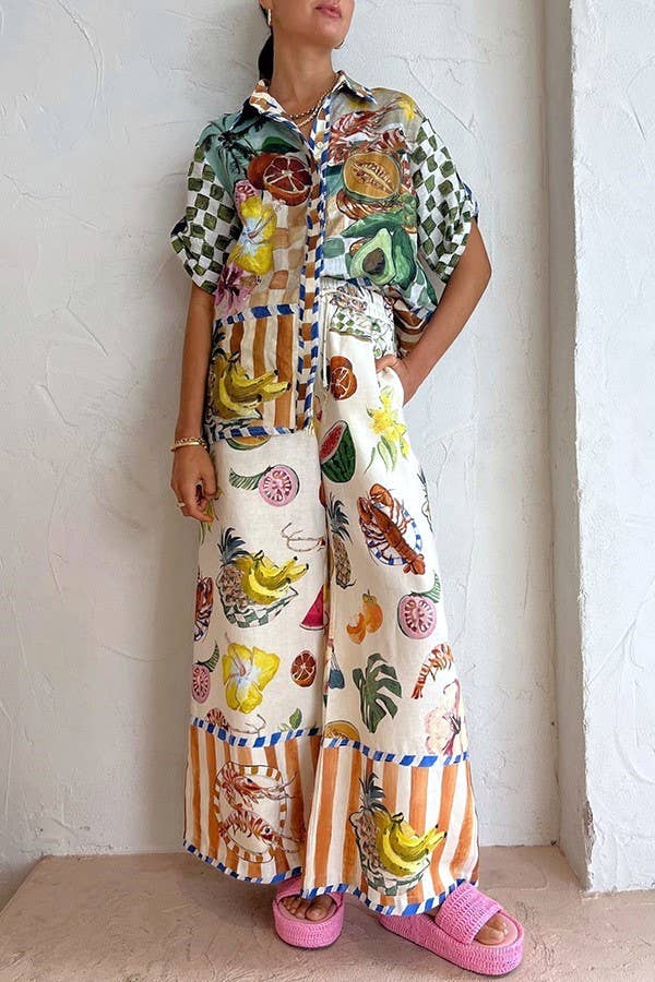Stylish Casual Printed Shirt Wide-Leg Pants Set