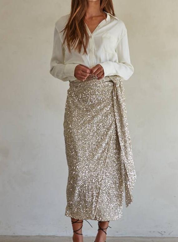 Sequin Wrap Midi Skirt