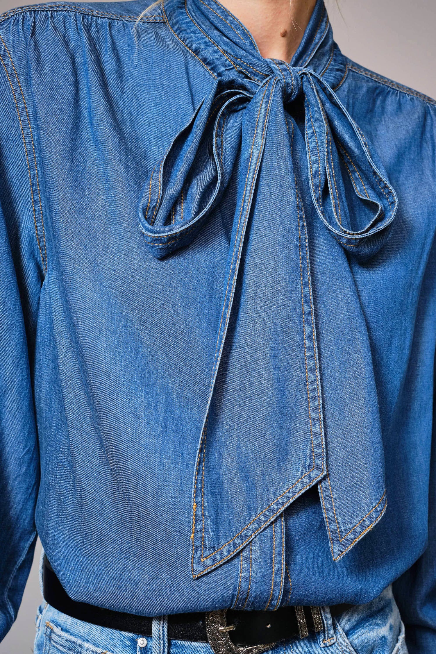 Tie Neck Hidden Button Chambray Blouse