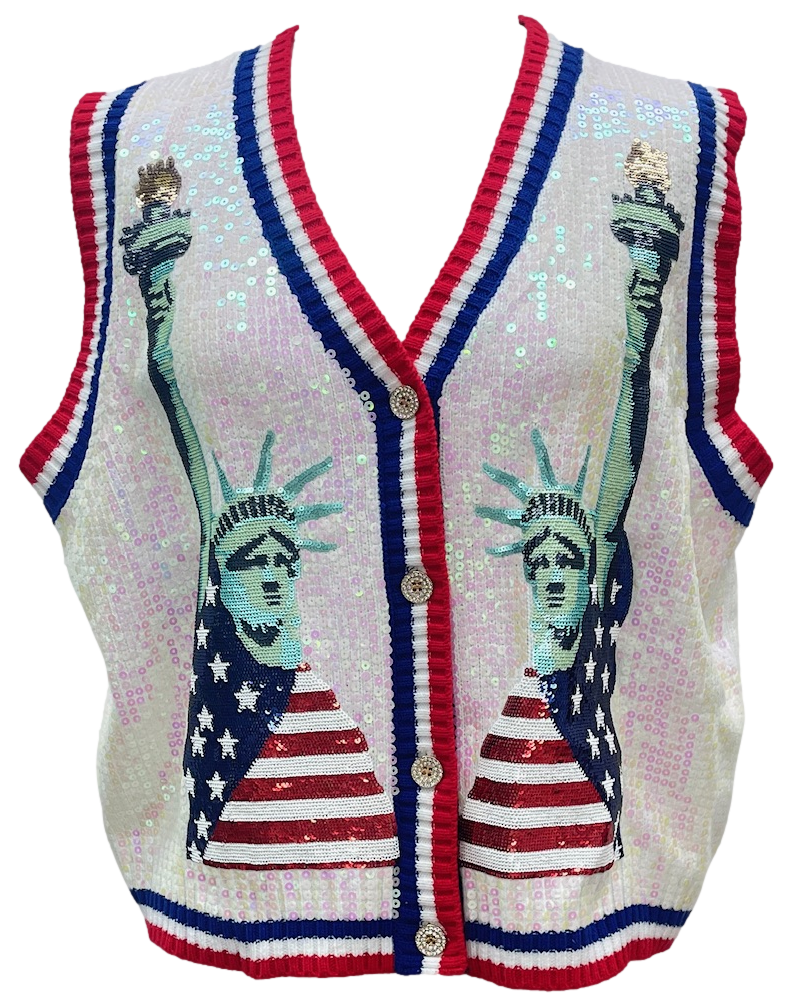 WHITE FULL SEQUIN STATUE OF LIBERTY BUTTON UP SWEATER VEST