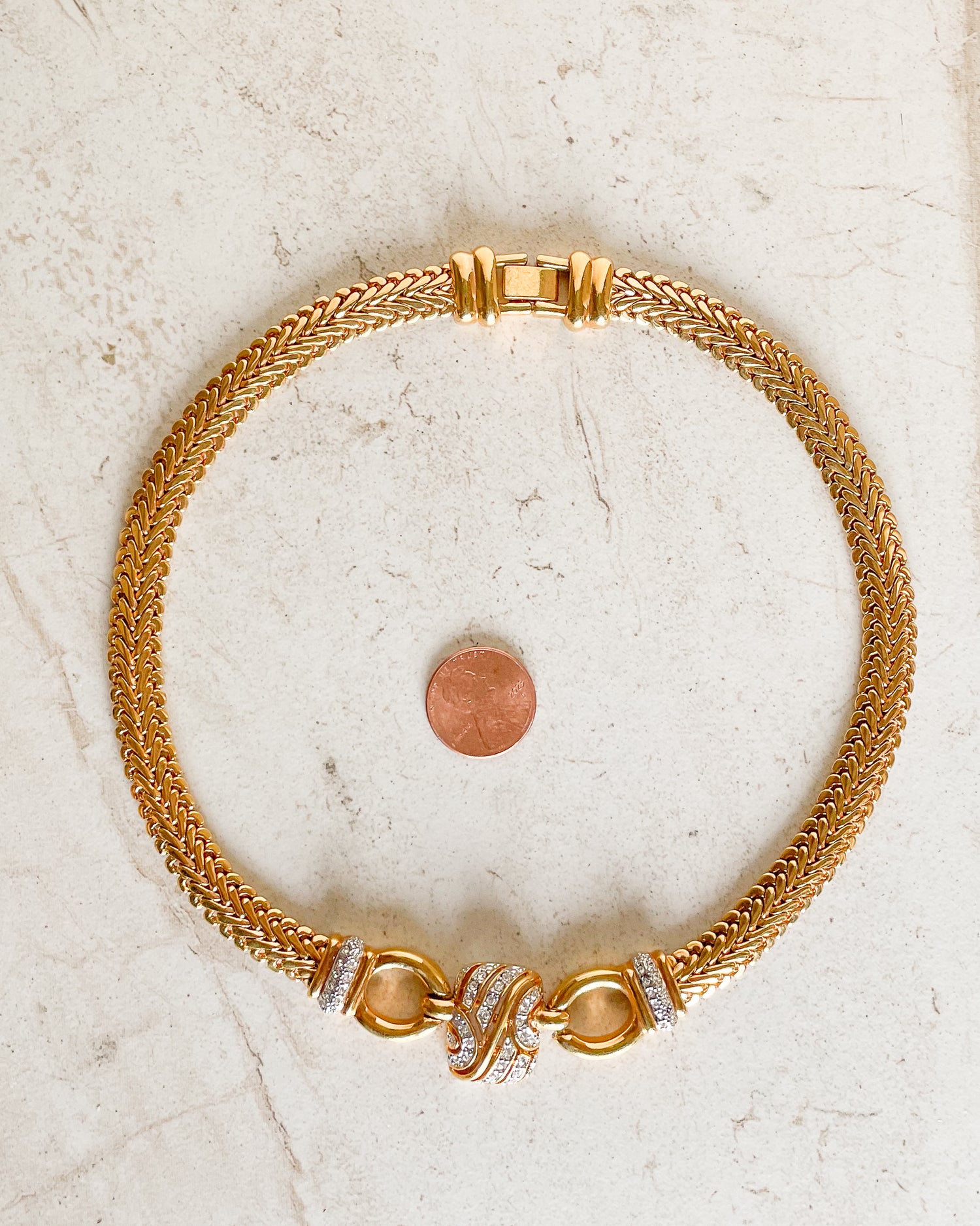 Vintage Gold-Tone Woven Necklace with Crystal Swirl Center