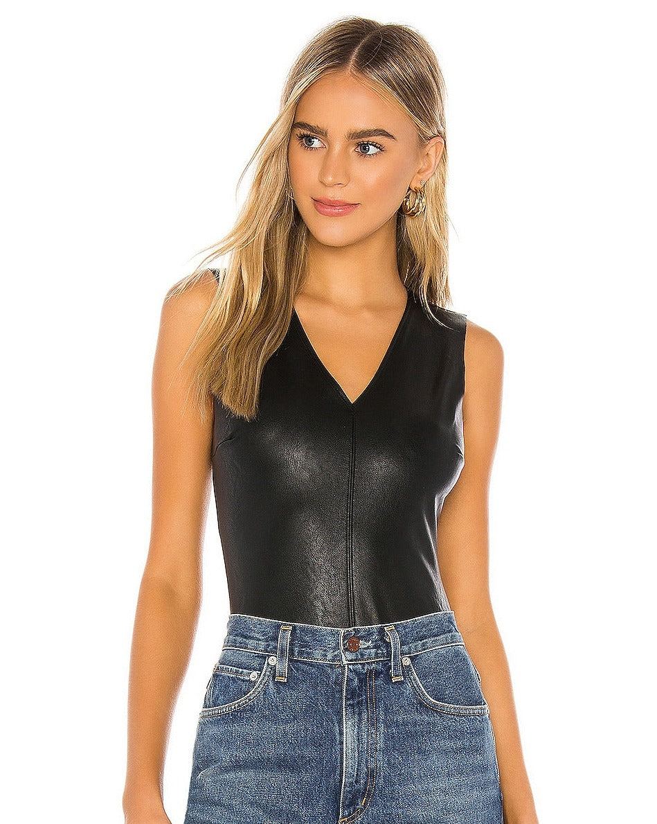 Faux Leather V-Neck Bodysuit