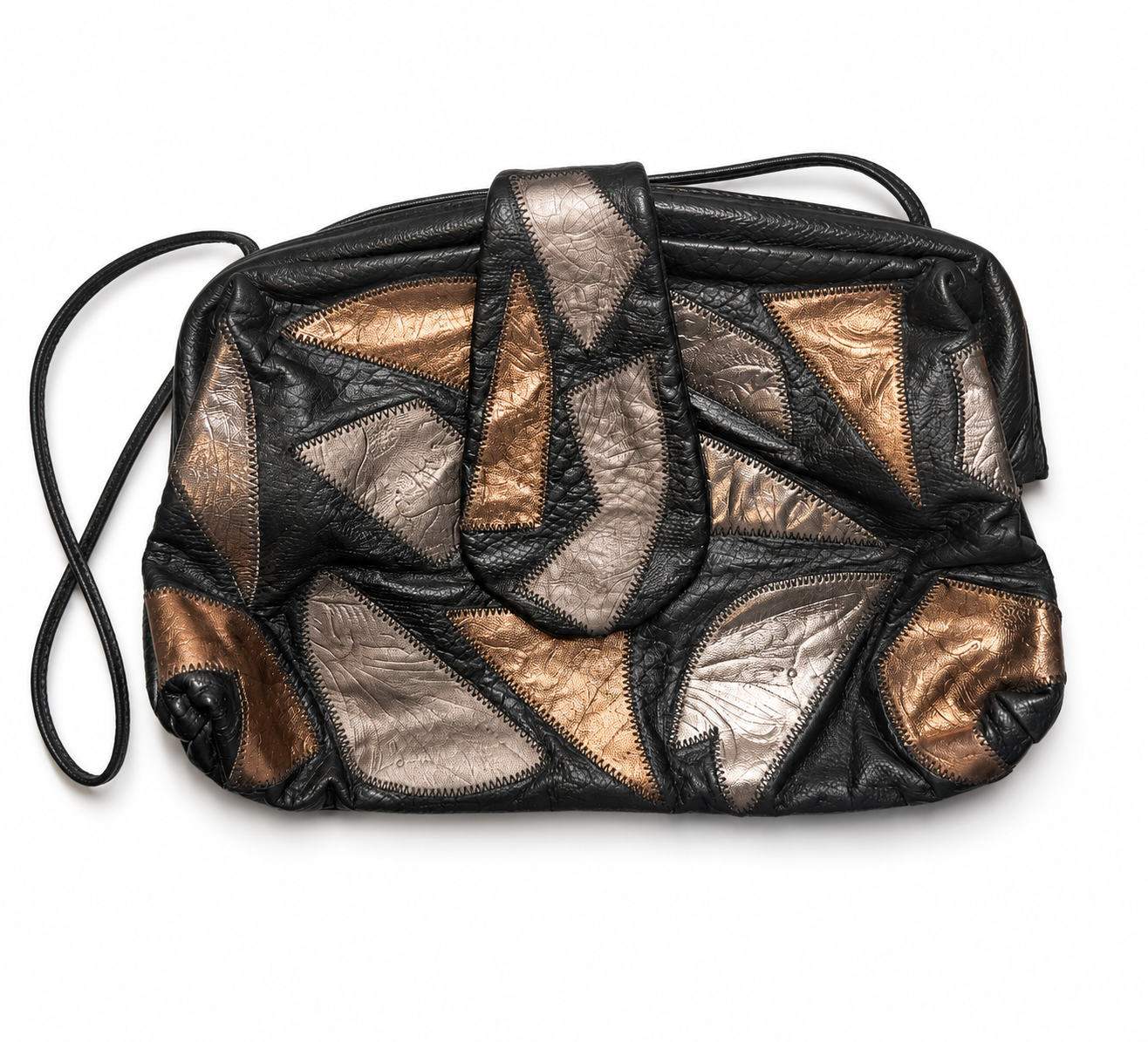 Vintage Metallic Black Patent-Leather Patchwork Bag