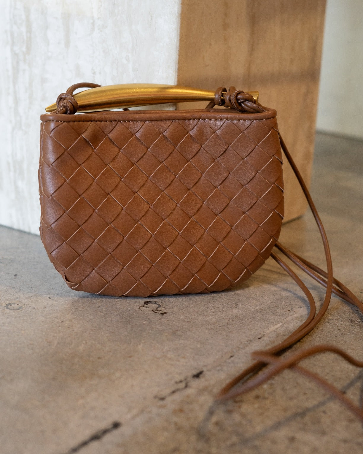 Mini Woven Genuine Leather Handle Crossbody Bag