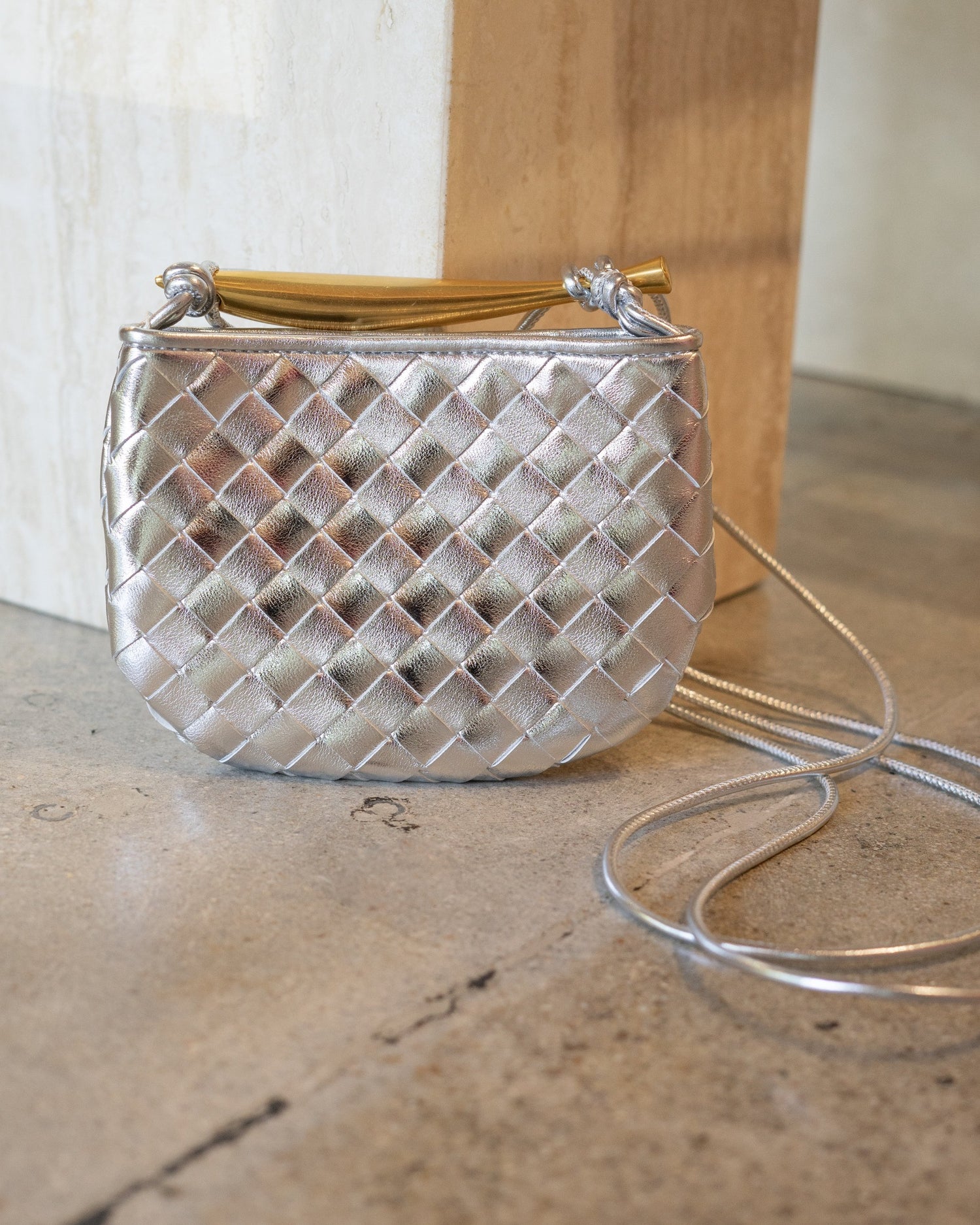 Mini Woven Genuine Leather Handle Crossbody Bag